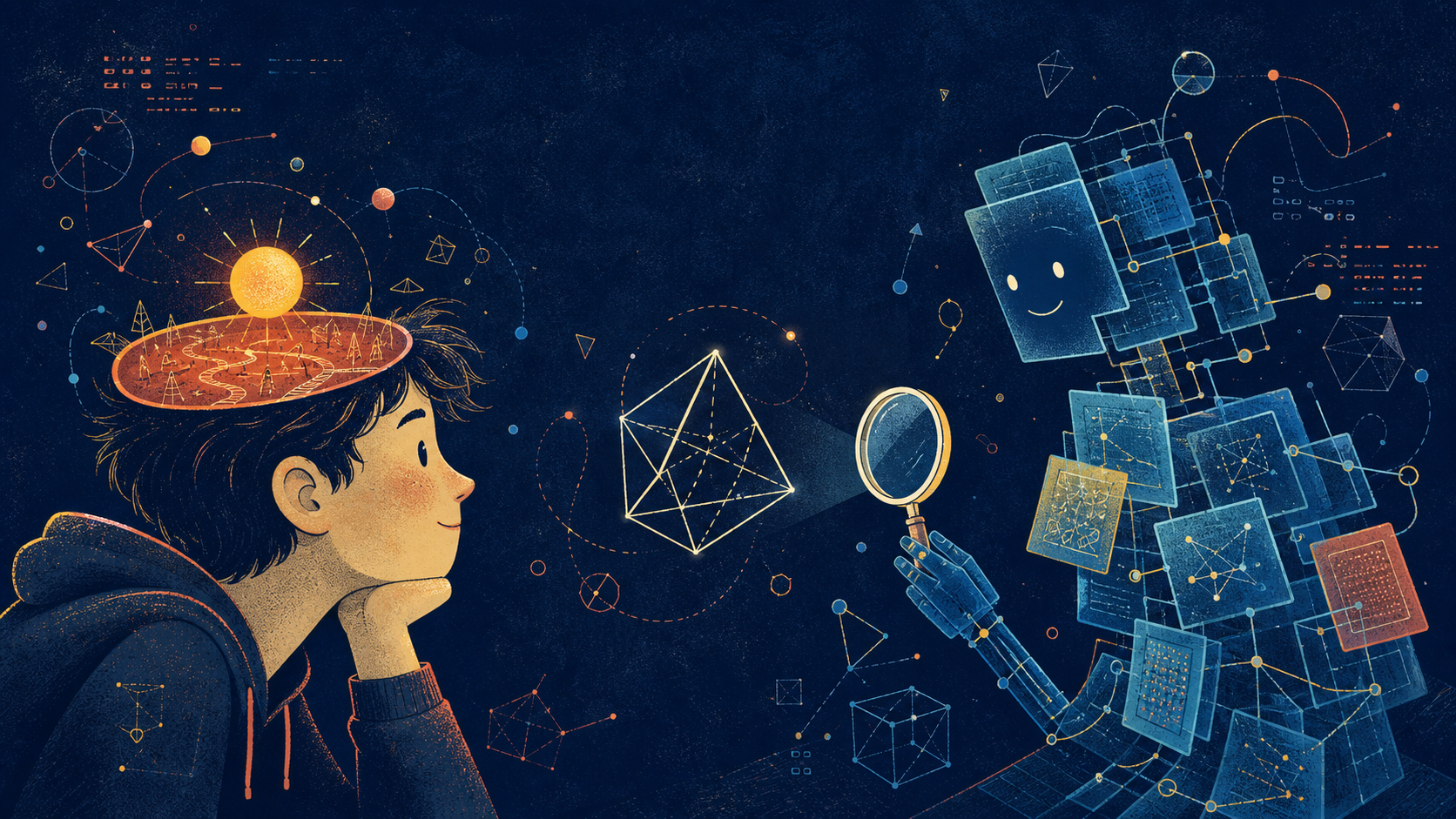 A student and a card-built AI assistant examine a geometric puzzle