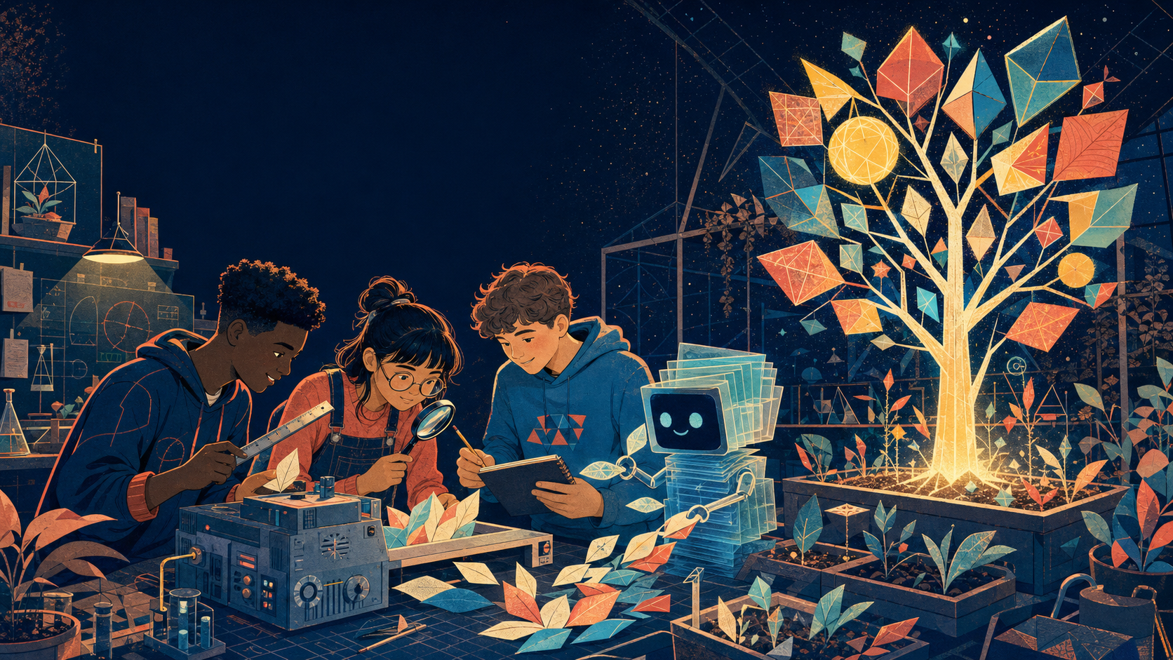 Students and an AI assistant examine idea seeds growing into a geometric tree